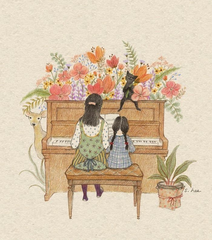 Hình ảnh Mẹ Và Con Gái Hoạt Hình Cùng Nhau Ngồi Chơi đàn Piano