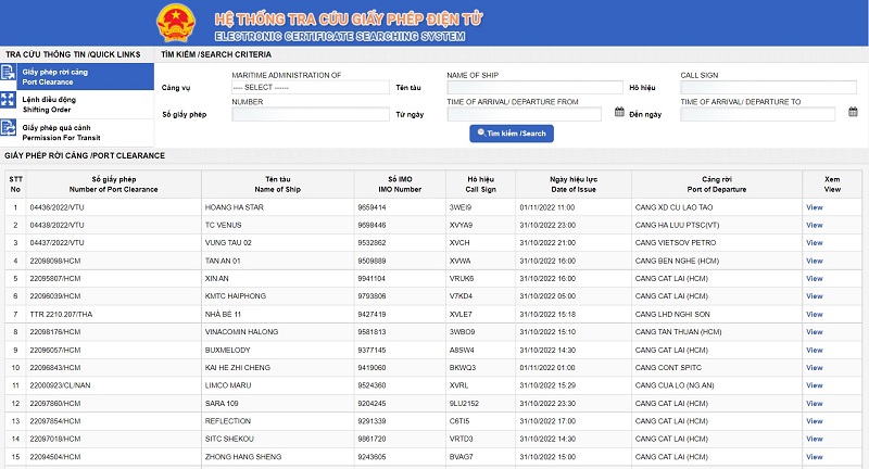 Hệ thông tra cứu giấy phép rời cảng điện tử