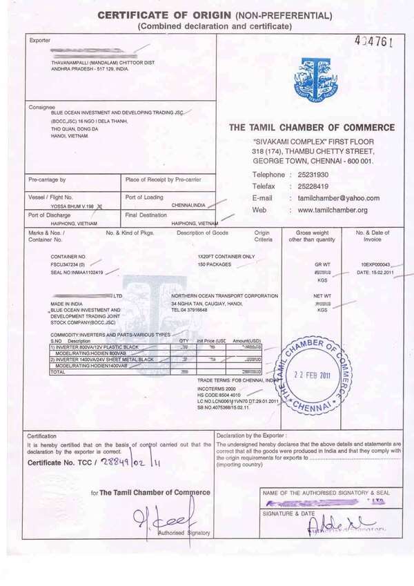 Chi tiết các nội dung trên Certificate Of Origin