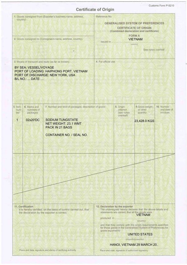 Mẫu Giấy chứng nhận xuất xứ (Certificate Of Origin)