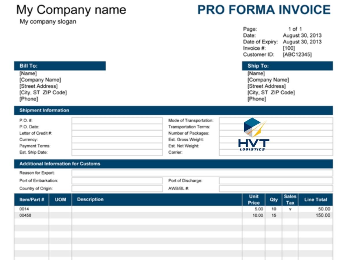 Mẫu hoá đơn chiếu lệ bằng tiếng anh - Proforma invoice